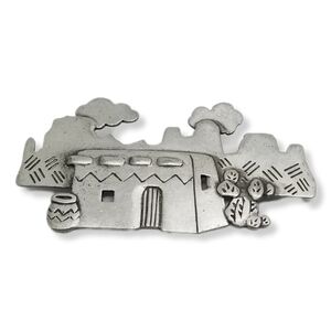 JONETTE JEWELRY 1988 SCENIC SOUTHWESTERN ADOBE HOUSE PEWTER BROOCH